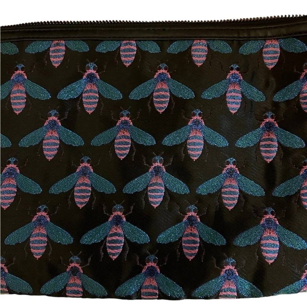 Nine West large black zipper pouch with iridescent blue & pink bees / bugs